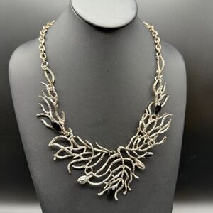 🖤 Vintage 20" Silver-Tone Branch Bib Necklace w/‎ Black Marquise Stones 🖤